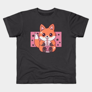 Baby Fox Drinking Boba Tea Cute Kawaii Fox Lover Kids T-Shirt